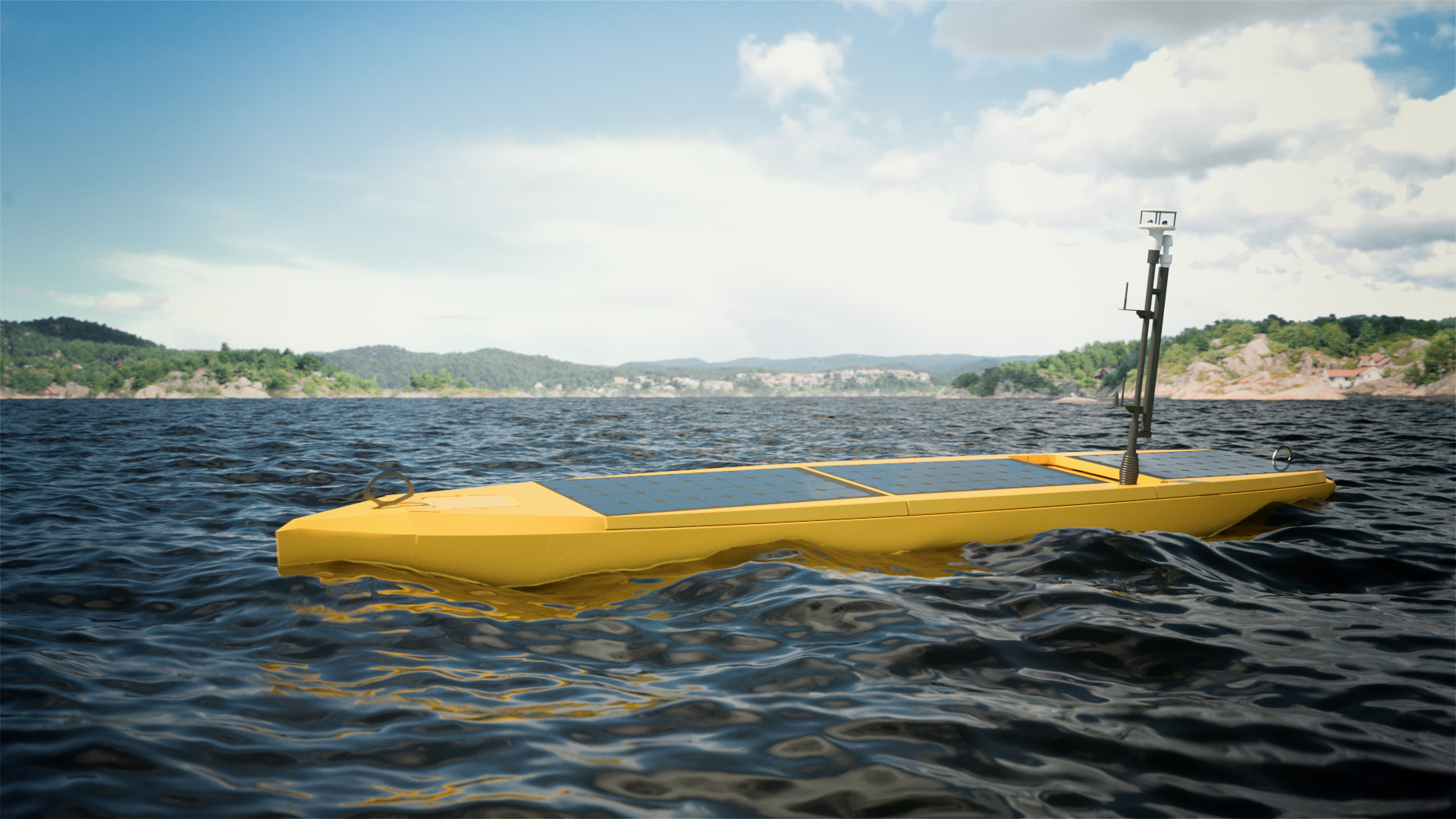 Realistic CG rendering of floating solar powered yellow drone in the ocean with Norwegian coastline in background.
