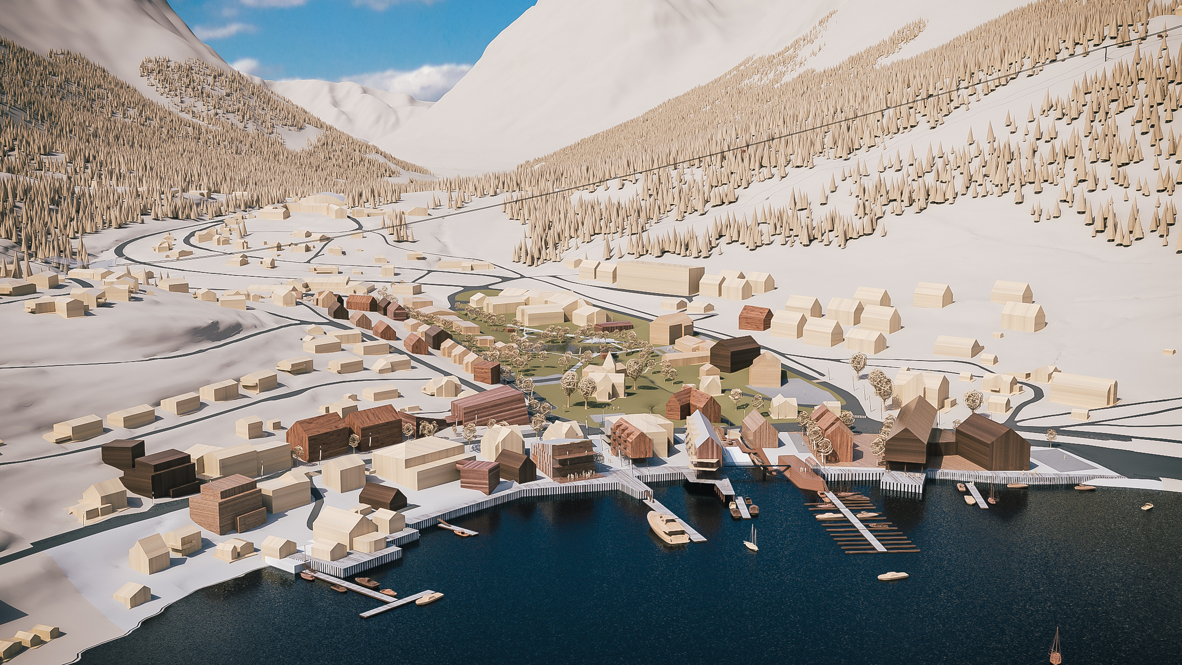 Stylised CG rendering showing future plans for the habour of Lynseidet in Lyngen.
