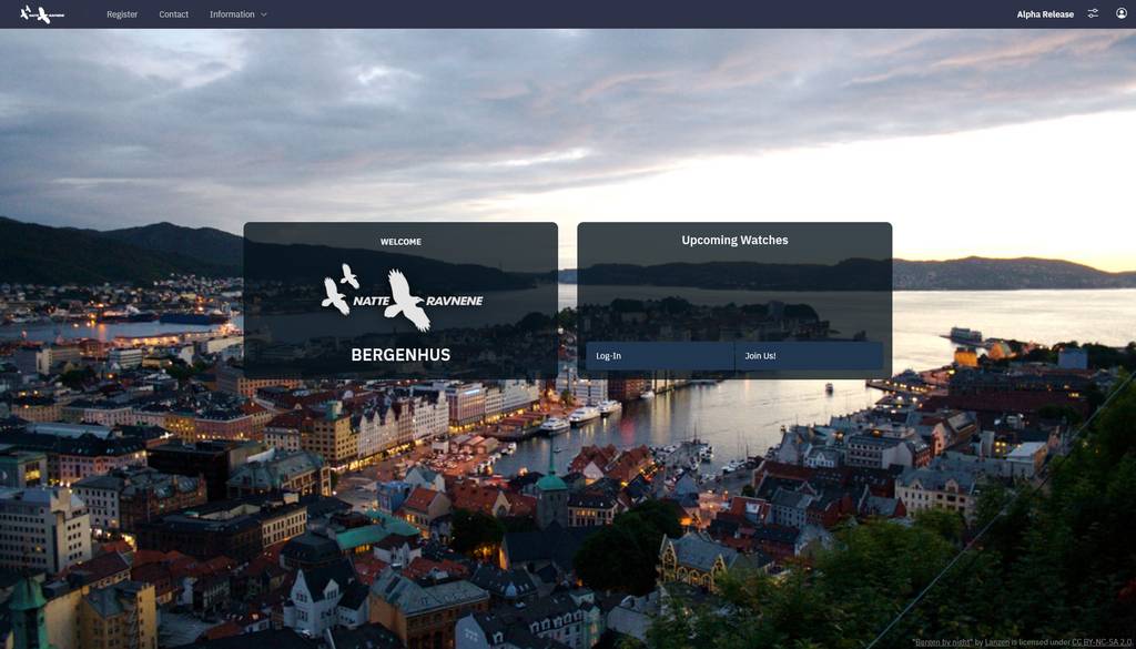 Screenshot of the main website for the Natteravn app showing an overview of upcoming watches.