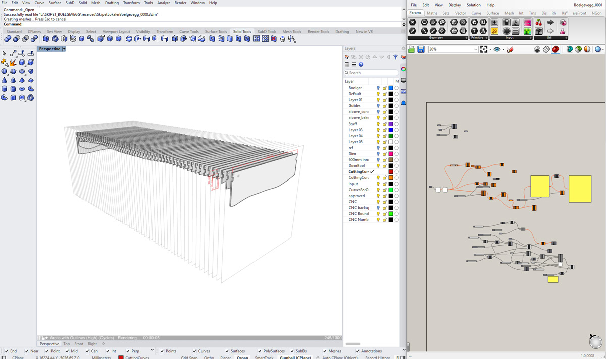 Screenshot of the parametric model in Rhino 3D, showing the alcove ceiling elements and the grasshopper setup.
