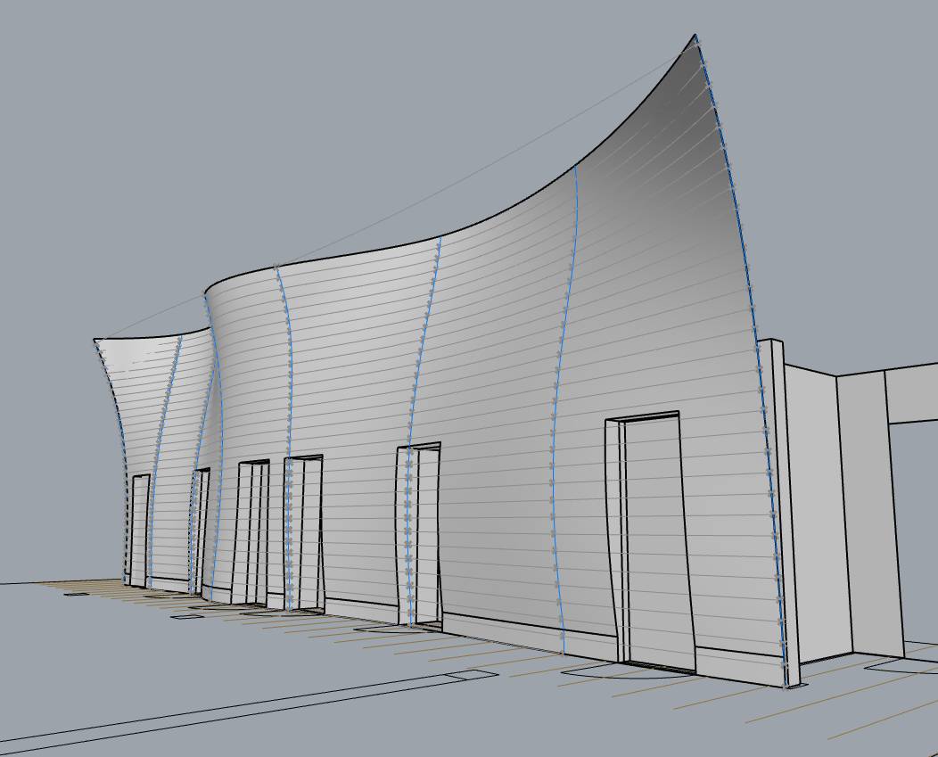 Screenshot of the parametric model in Rhino 3D, showing the wall installation and the wave-like form.