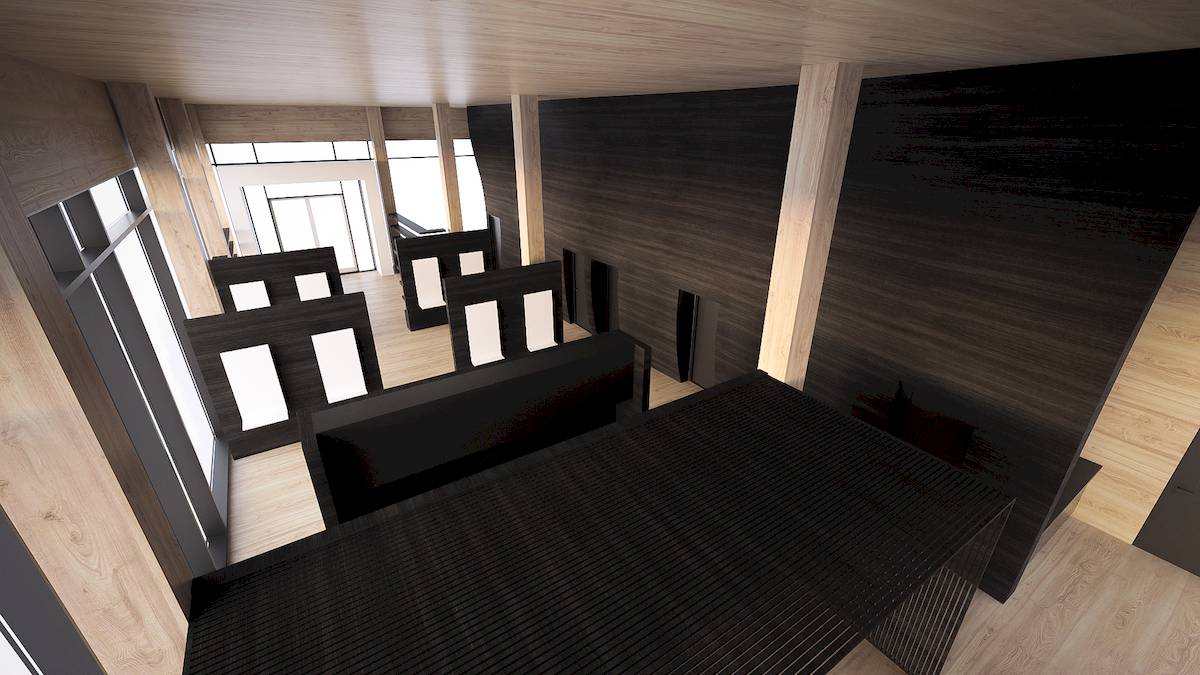 Early 3D rendering of the wall installation and interior space.