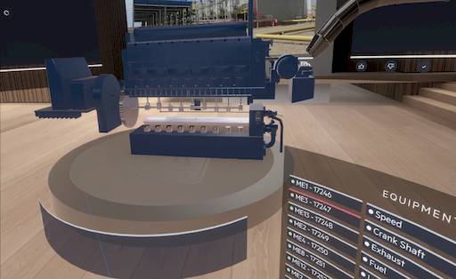 Image of the VR environment, showing a 3D model of a power plant engine in exploded view.