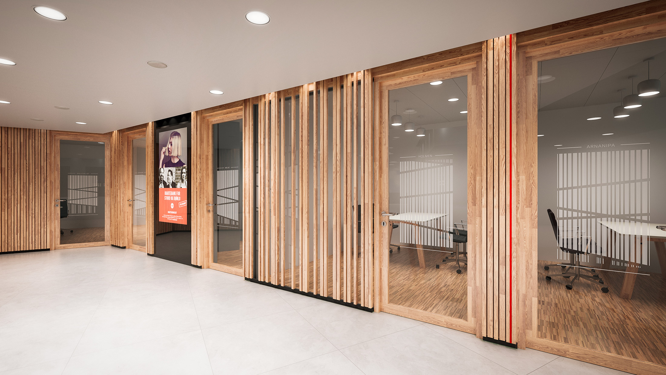 Interior rendering of the Sparebanken Vest branch in Arna, serving as a blueprint for other branches.