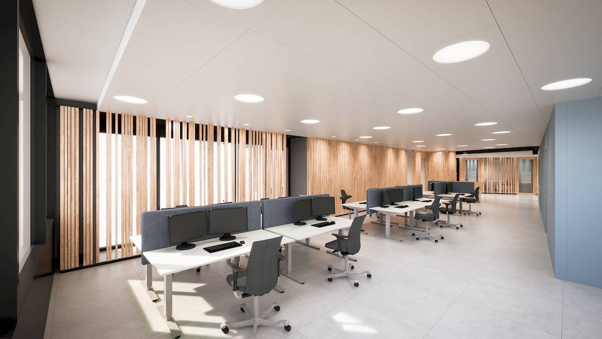 Interior rendering of the Sparebanken Vest branch in Arna, serving as a blueprint for other branches.
