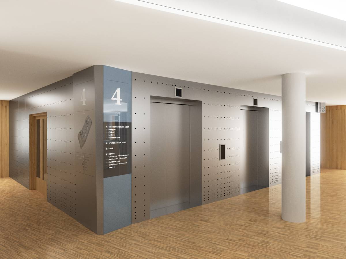 Interior rendering of the Sparebanken Vest branch in Jonsvoll with a focus on signage.