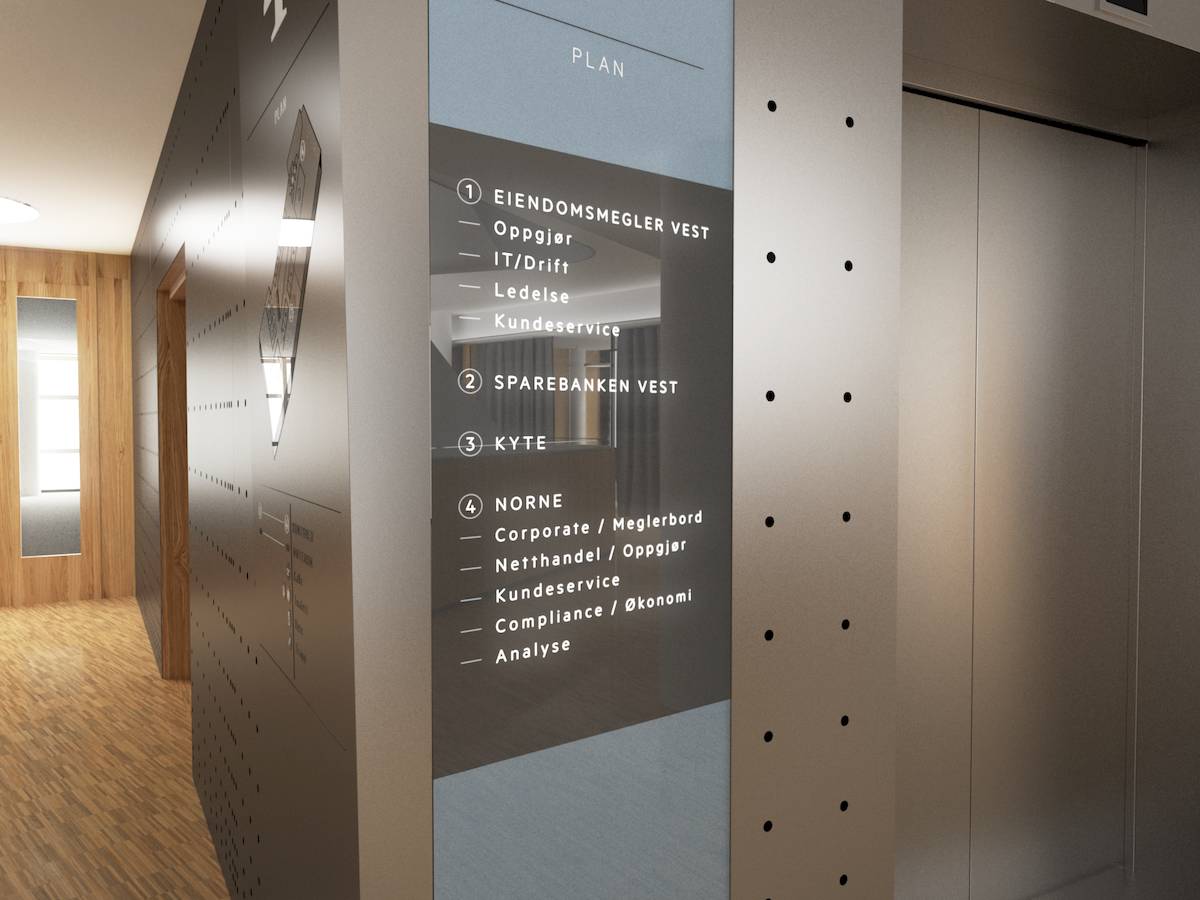 Interior rendering of the Sparebanken Vest branch in Jonsvoll with a focus on signage.