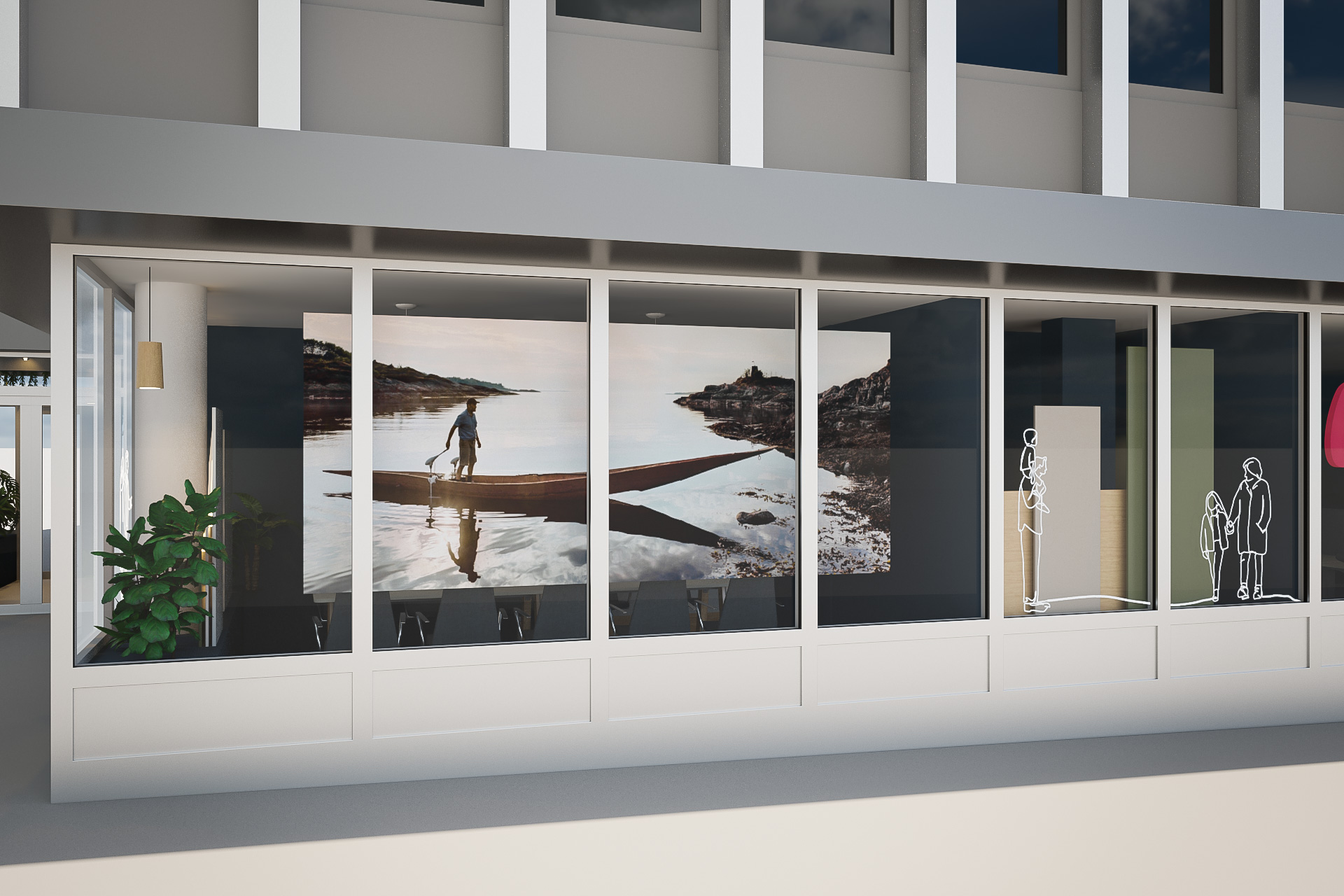 Rendering of the new window display for Sparebanken Vest branch in Os.